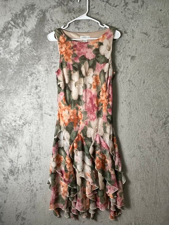 Vintage Dresses & Skirts - Vintage Watercolor Floral Handkerchief Hem Dress Garden Party Cottagecore Medium